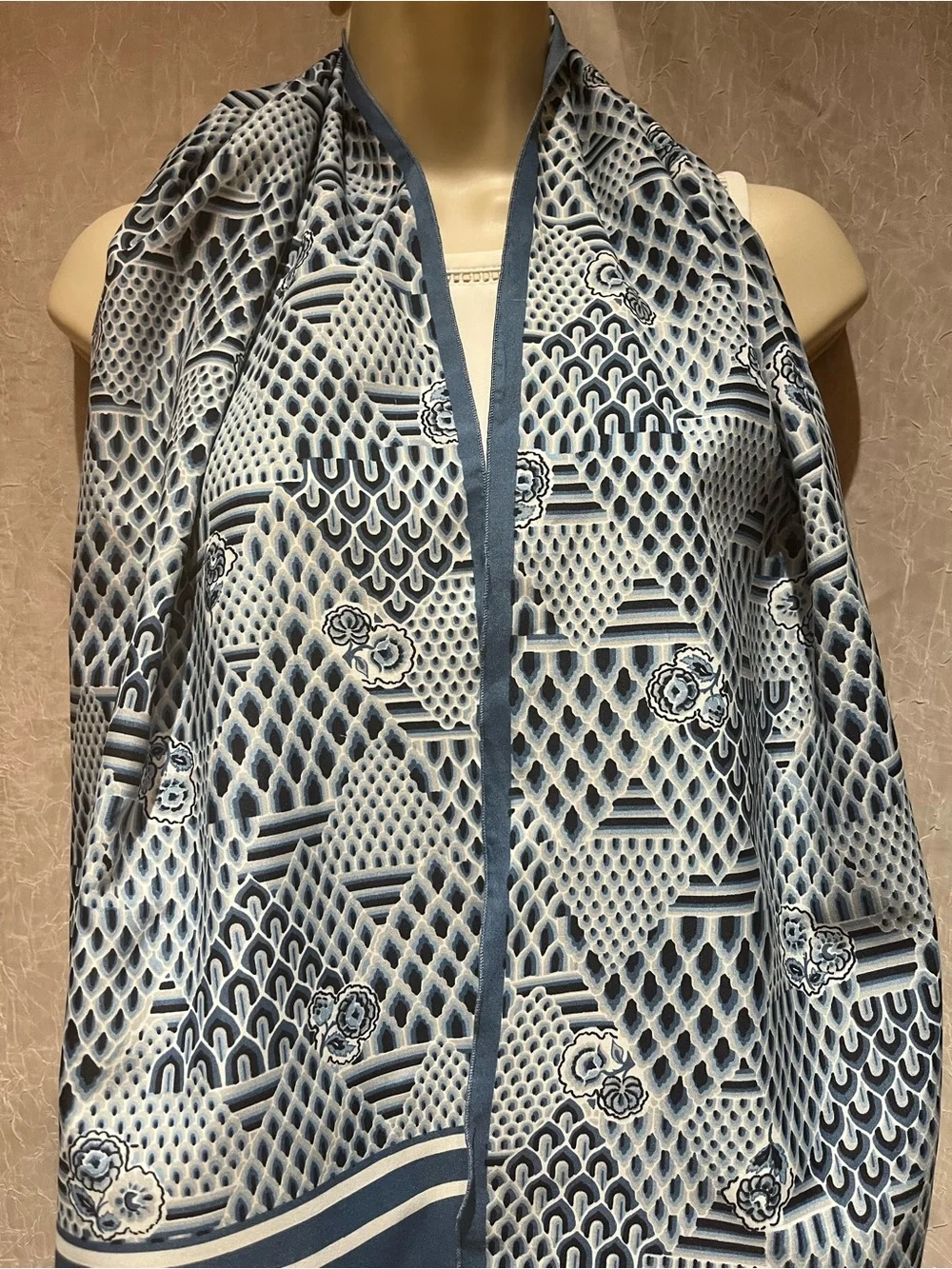 Estee Lauder Blue Patterned Silk-Feel Scarf